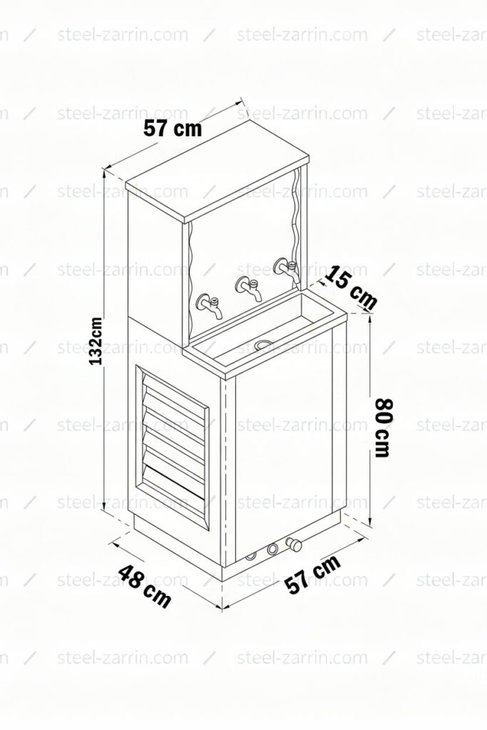 اندازه آبسردکن سه شیر استیل | تجهیزات آشپزخانه صنعتی استیل زرین