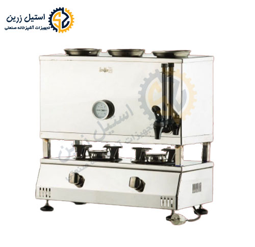 خرید سماور گازی 30 لیتری هتلی برند آپوراک تک جداره | استیل زرین | سه قوری